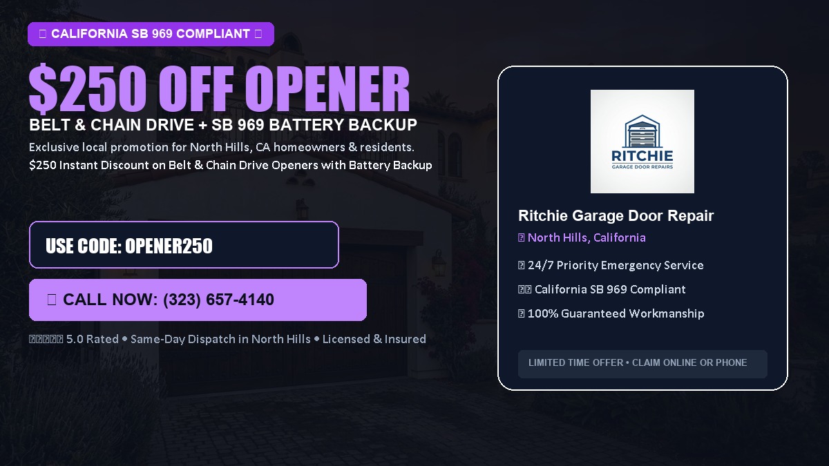 $250 OFF Smart Garage Door Opener Installation (Belt & Chain Drive with California SB 969 Battery Backup) in North Hills, CA